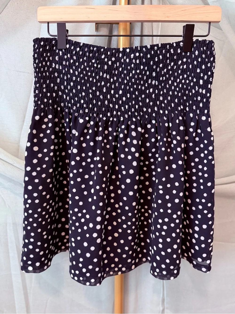 LOFT Navy Blue and White Polka Dot Smocked Skirt
